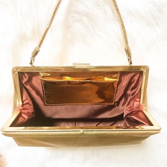 GOLD METALLIC 1950’s Lame Cocktail Handbag Purse - Picture 2 of 8